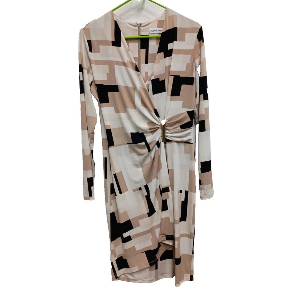 Calvin Klein  Faux Wrap Dress Womens Size 8 Beige Abstract Artsy Carrier‎ Office